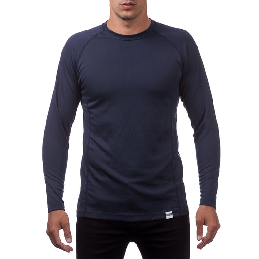 Navy long-sleeve athletic shirt worn by a person on a white background