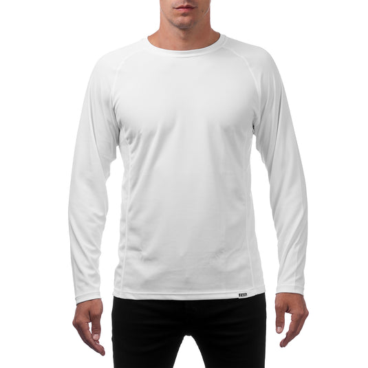 Person wearing a white long-sleeve shirt on a white background