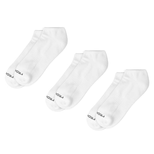Three pairs of white socks with black text on a white background