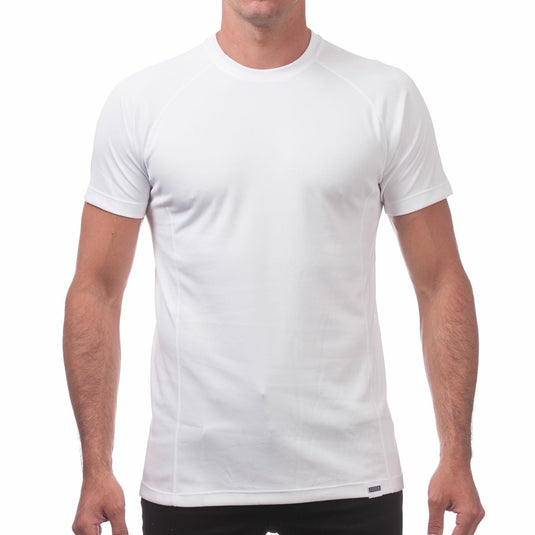 Man wearing a white t-shirt and black pants on a white background