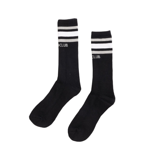 Black socks with white stripes and 'CLUB' text on a white background