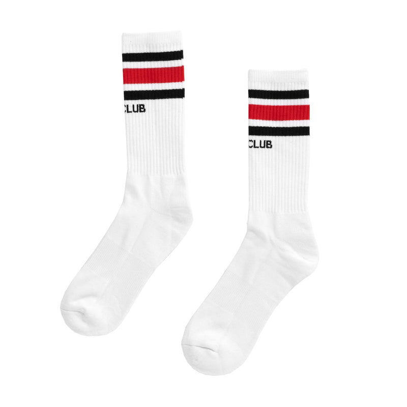 Load image into Gallery viewer, White socks with red and black stripes on a white background
