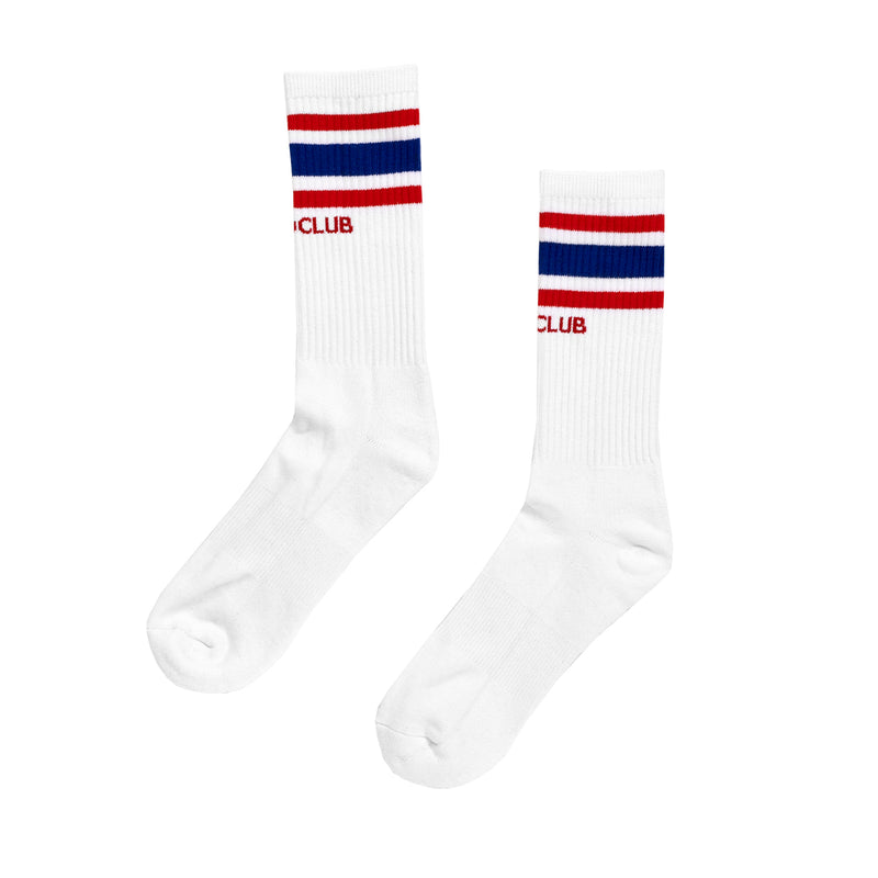 Load image into Gallery viewer, White socks with red and blue stripes on a white background
