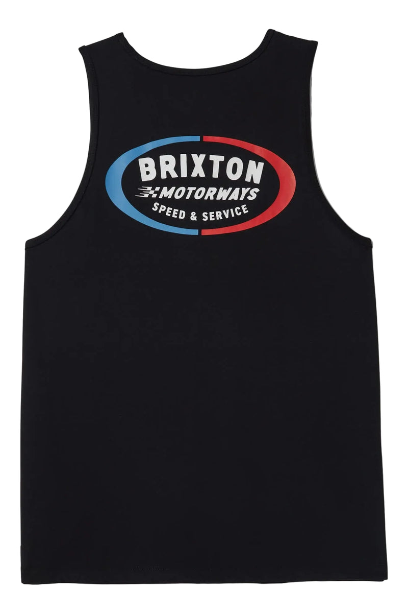 Load image into Gallery viewer, "Brixton Motorways Speed &amp; Service" Rhett Tank Top back logo in red white and blue 

