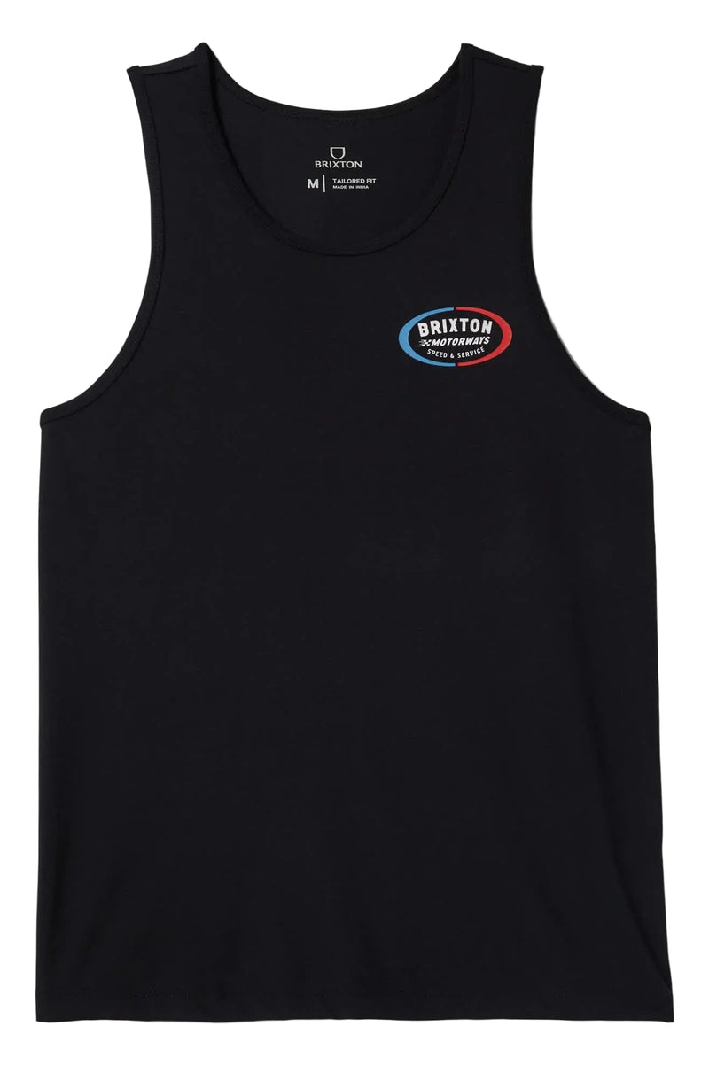 Load image into Gallery viewer, Black tank top with a red white and blue logo on the chest 
