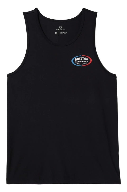Black tank top with a red white and blue logo on the chest 