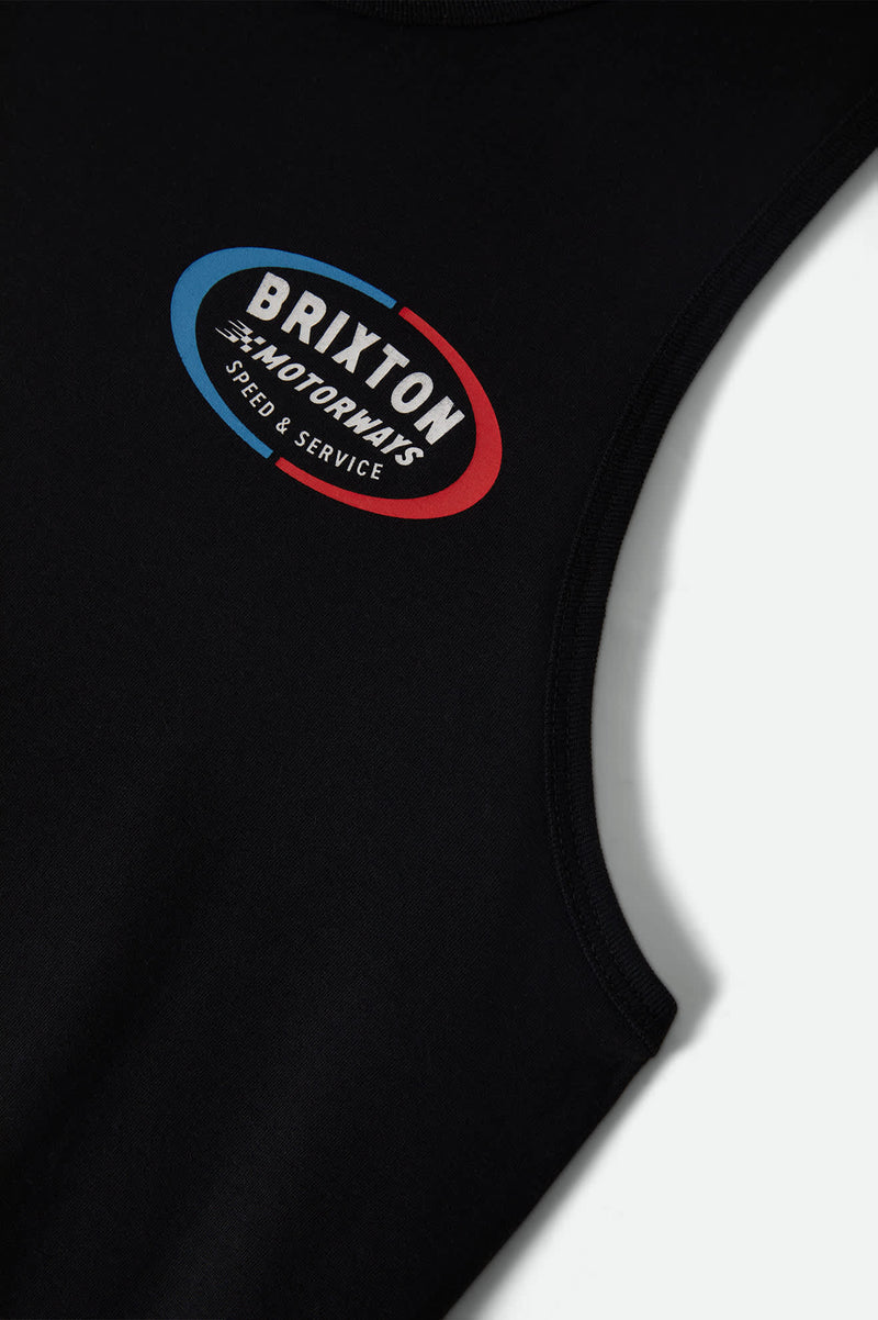 Load image into Gallery viewer, Black tank top with Brixton Motorways logo on front left chest in red white and blue
