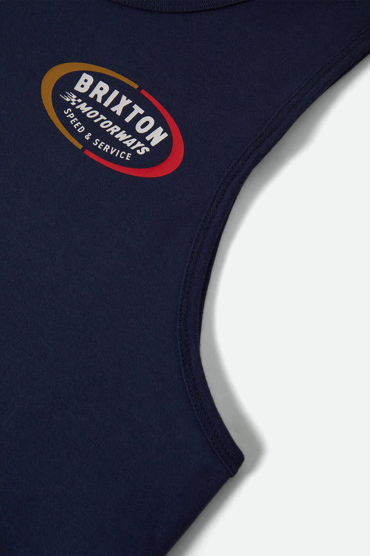 Navy tank top with Brixton Motorsways logo on front left chest