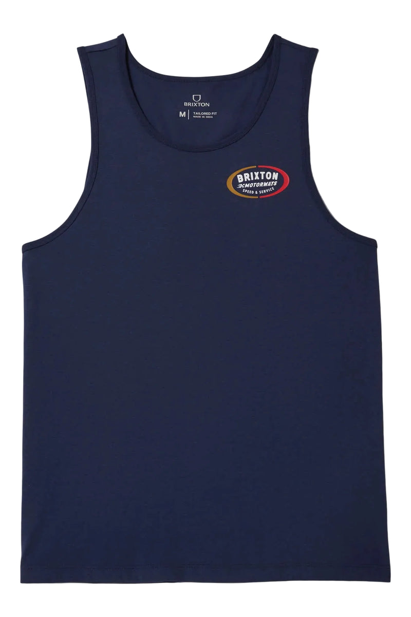 Load image into Gallery viewer, Navy tank top with a Brixton logo on the front left chest
