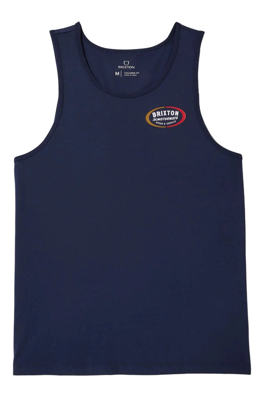 Navy tank top with a Brixton logo on the front left chest