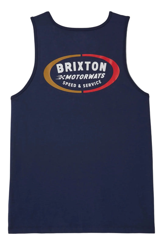 Navy tank top with Brixton logo on the back