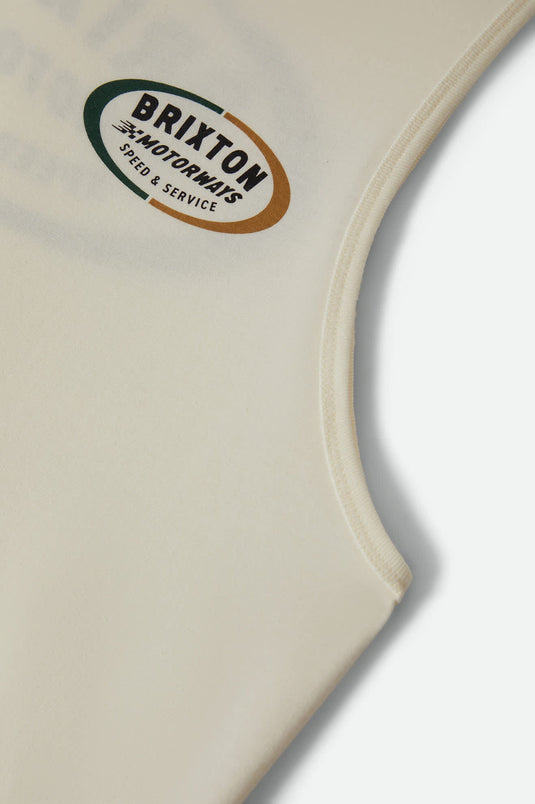 Beige tank top with Brixton logo on front left chest