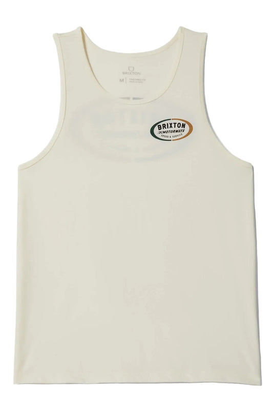 Beige tank top with Brixton logo on front left chest