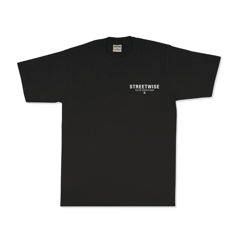 Load image into Gallery viewer, Black t-shirt with 'STREETWISE' text on a white background
