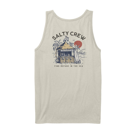 Beige tank top with Salty Crew graphic on a white background