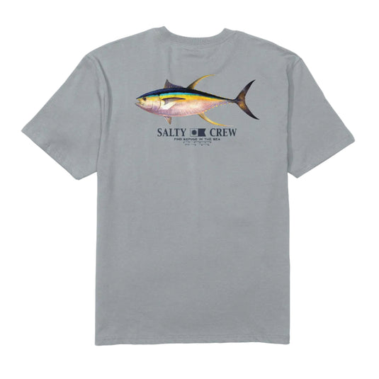 Gray t-shirt with a fish graphic and 'Salty Crew' logo on a white background
