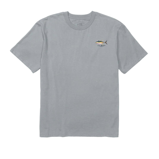 Gray t-shirt with a small logo on a white background