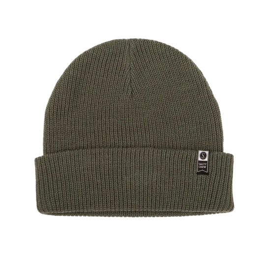 Green beanie with a small Salty Crew logo on a light gray background