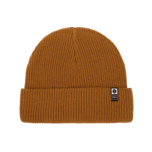Brown knit beanie with a Salty Crew tag on a white background