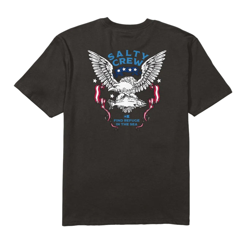 Load image into Gallery viewer, Black t-shirt with Salty Crew graphic design on a white background
