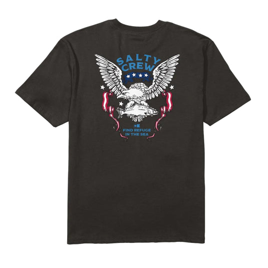 Black t-shirt with Salty Crew graphic design on a white background