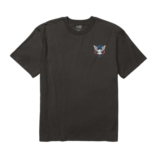 Black t-shirt with a graphic design on a white background
