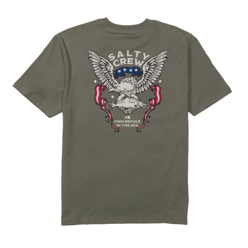 Load image into Gallery viewer, Green t-shirt with Salty Crew graphic on a white background

