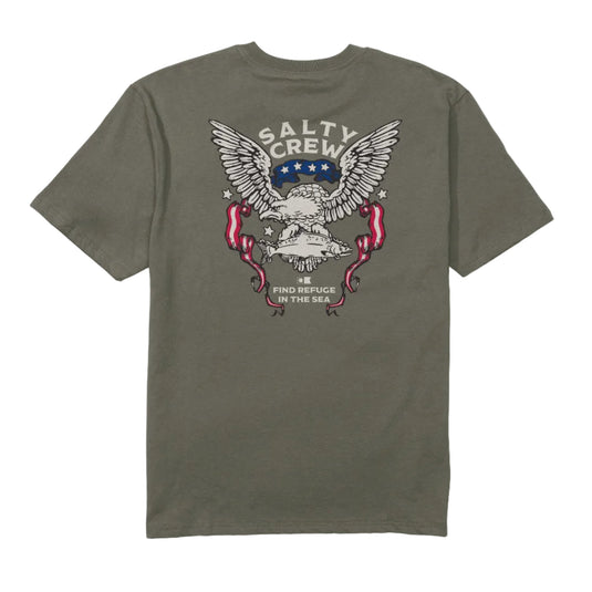 Green t-shirt with Salty Crew graphic on a white background