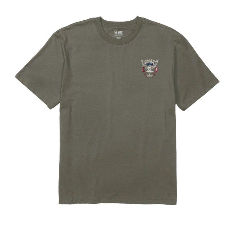 Load image into Gallery viewer, Olive green t-shirt with a small logo on a white background
