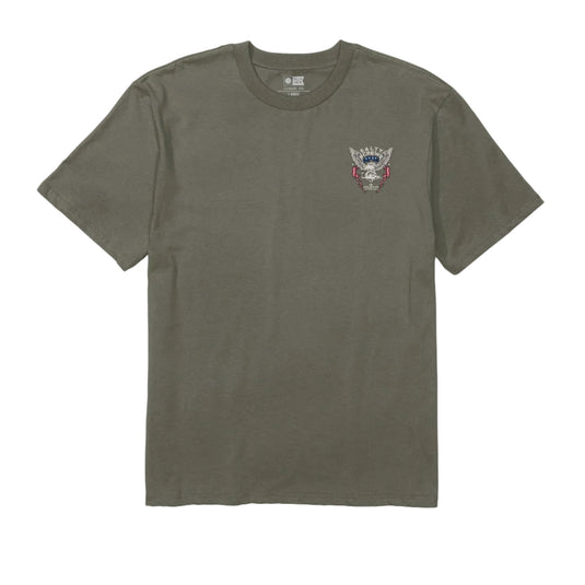 Olive green t-shirt with a small logo on a white background