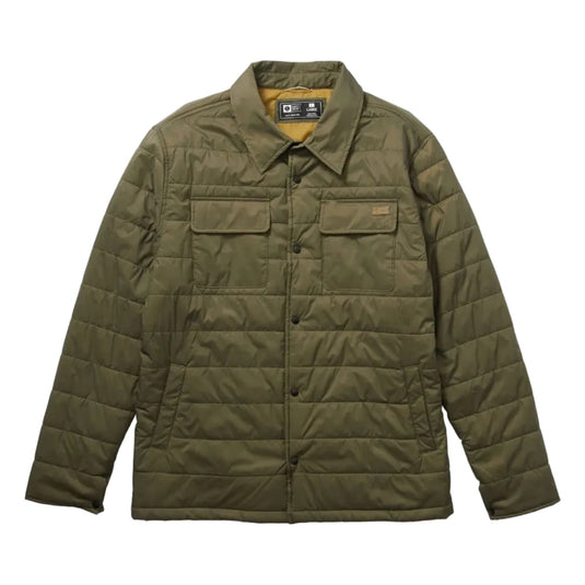 Green quilted jacket on a white background