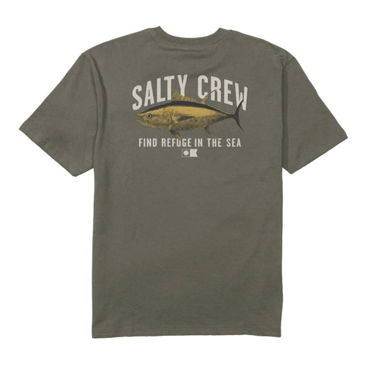 Olive green shirt with Salty Crew branding and fish on a white background
