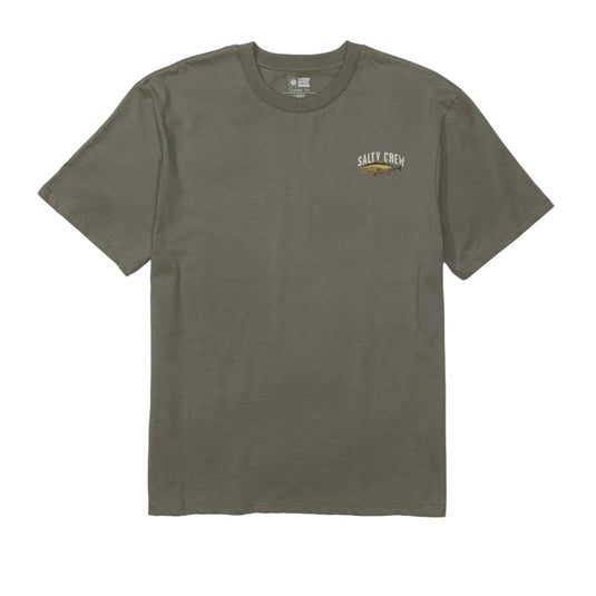 Green t-shirt with a small logo on a white background