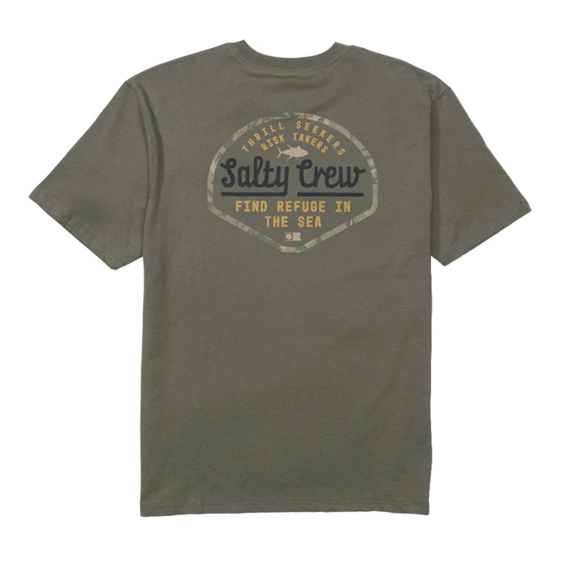 Load image into Gallery viewer, Olive green shirt with Salty Crew logo on a white background.
