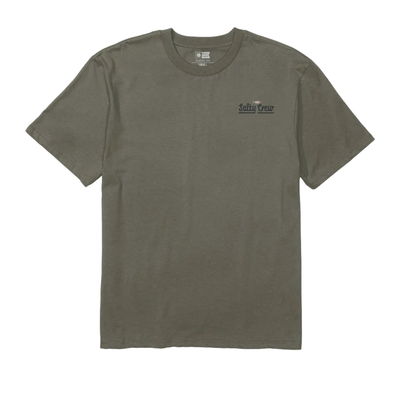 Load image into Gallery viewer, Olive green t-shirt with a small graphic on a white background
