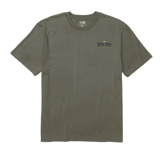 Olive green t-shirt with a small graphic on a white background