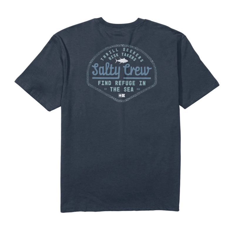 Load image into Gallery viewer, Navy blue t-shirt with Salty Crew logo on a white background
