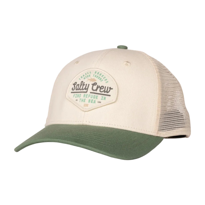 Load image into Gallery viewer, Beige and green trucker cap with Salty Crew logo on a white background
