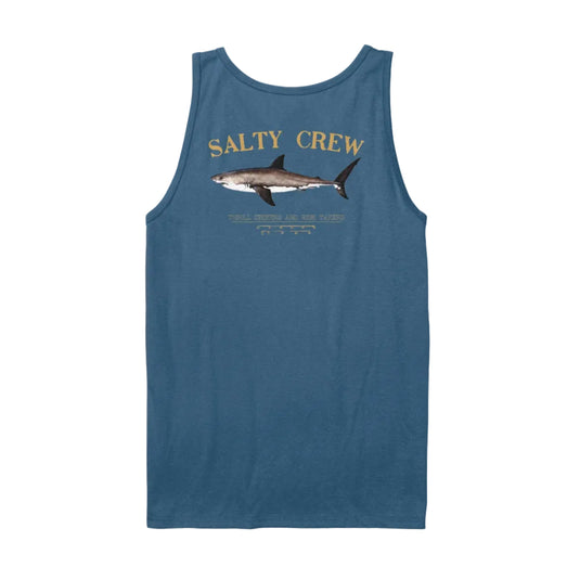 Blue tank top with Salty Crew logo and shark graphic on a white background