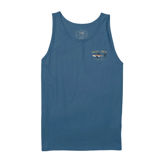 Blue tank top with a shark graphic and text on a white background