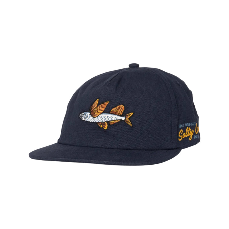 Load image into Gallery viewer, Navy blue cap with fish embroidery and Salty Crew stitching on the left on a white background
