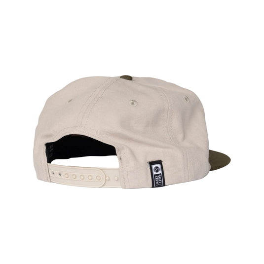 Beige cap with a brand logo on a white background