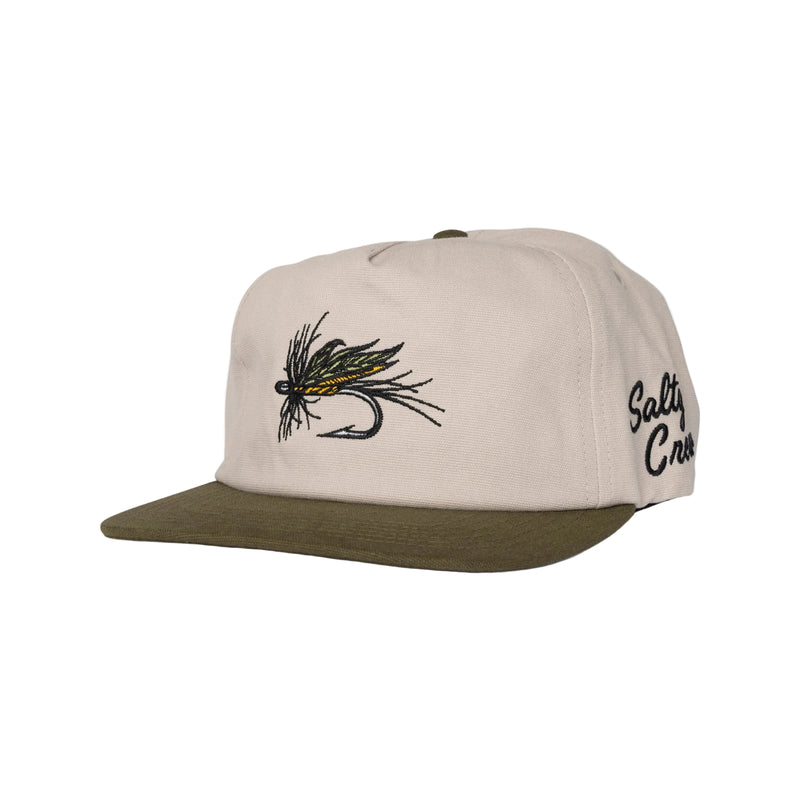 Load image into Gallery viewer, Beige and brown cap with fly fishing lure design and 'Salty Crew' logo on a white background
