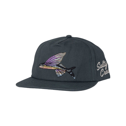 Black cap with fish design and 'Salty Crew' branding on a white background