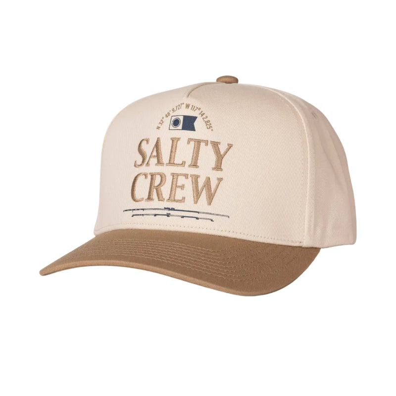 Load image into Gallery viewer, A beige and brown baseball cap with 'SALTY CREW' embroidered on the front, set against a light gray background.

