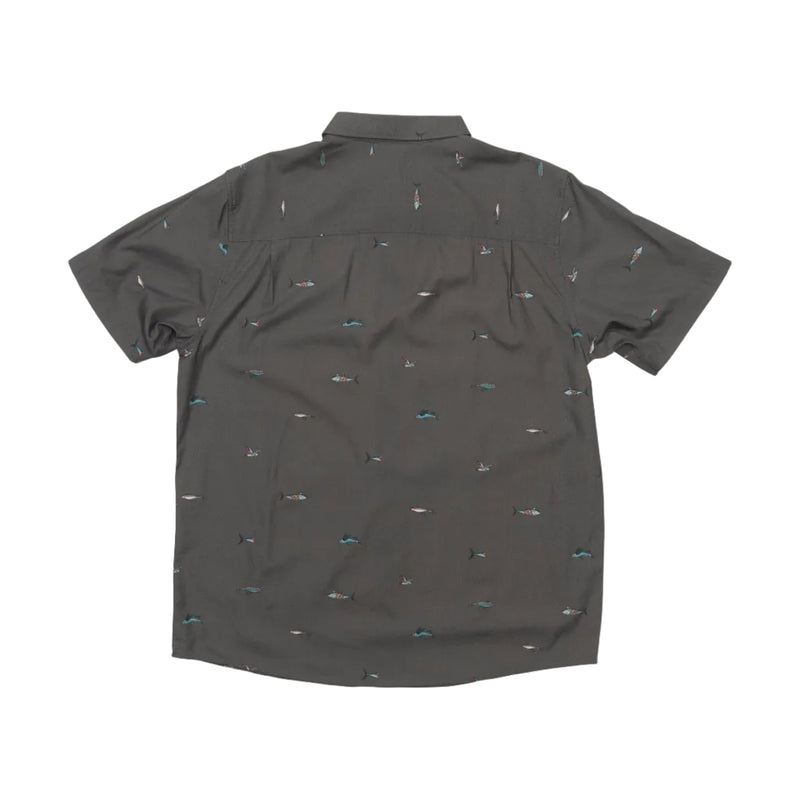 Load image into Gallery viewer, Charcoal gray short-sleeve button up shirt with subtle fish pattern on a white background
