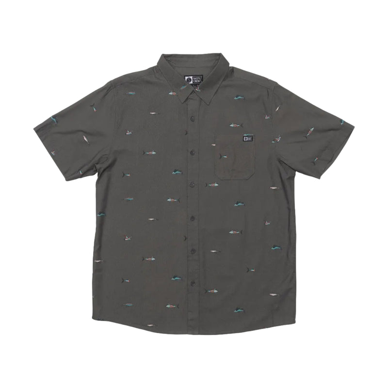 Load image into Gallery viewer, Charcoal gray short-sleeve button up shirt with subtle fish pattern on a white background
