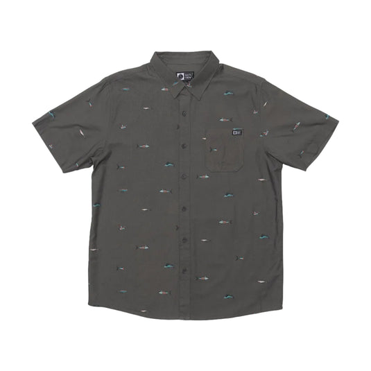 Charcoal gray short-sleeve button up shirt with subtle fish pattern on a white background