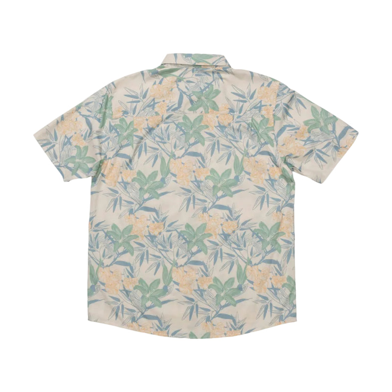 Load image into Gallery viewer, Back shot of Off White Collared Short-sleeve button up shirt with a floral pattern on a white background
