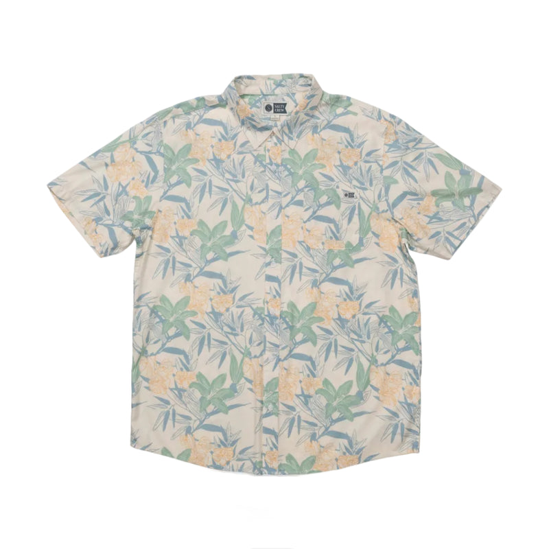 Load image into Gallery viewer, Off White colored Short-sleeve button up shirt with floral pattern with one chest pocket on a white background
